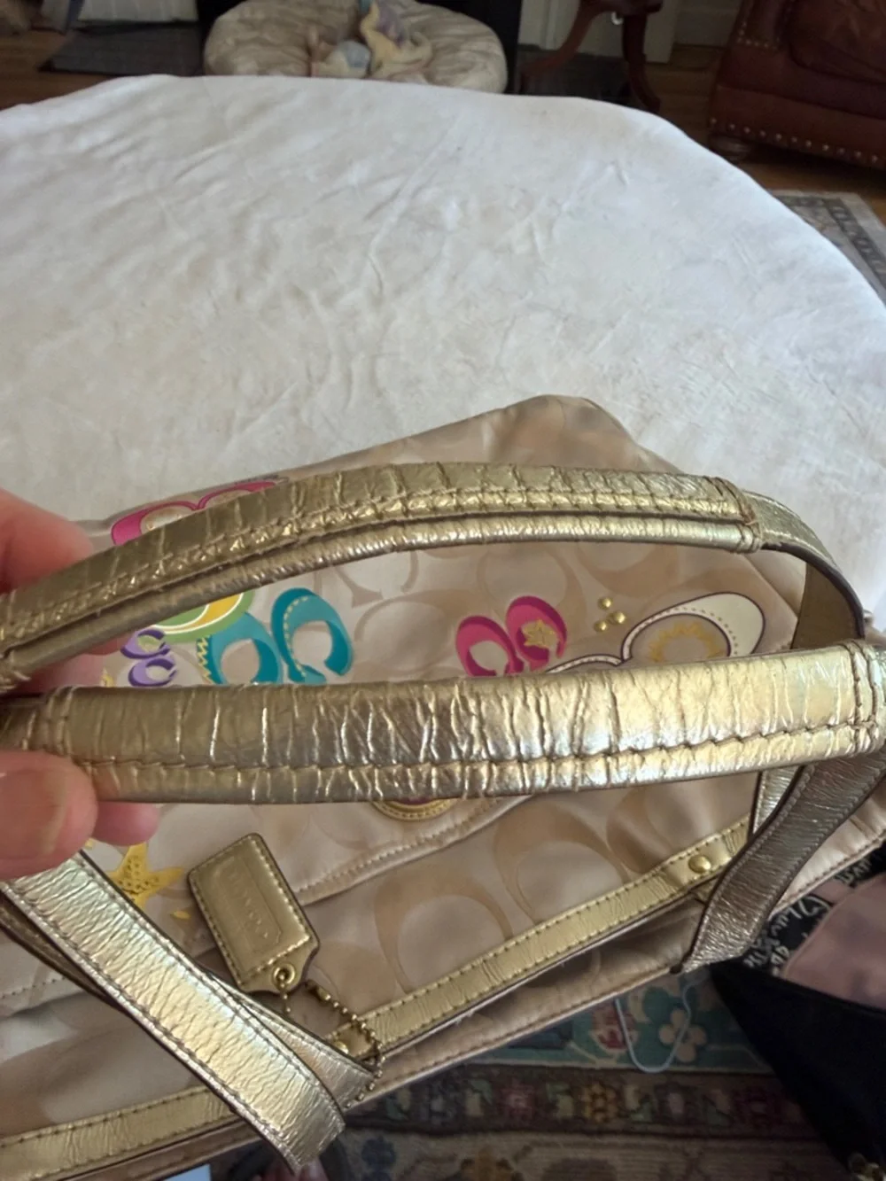 Vintage  Coach Beige Signature Graffiti Sateen Tote/Diaper Bag with Gold Trim